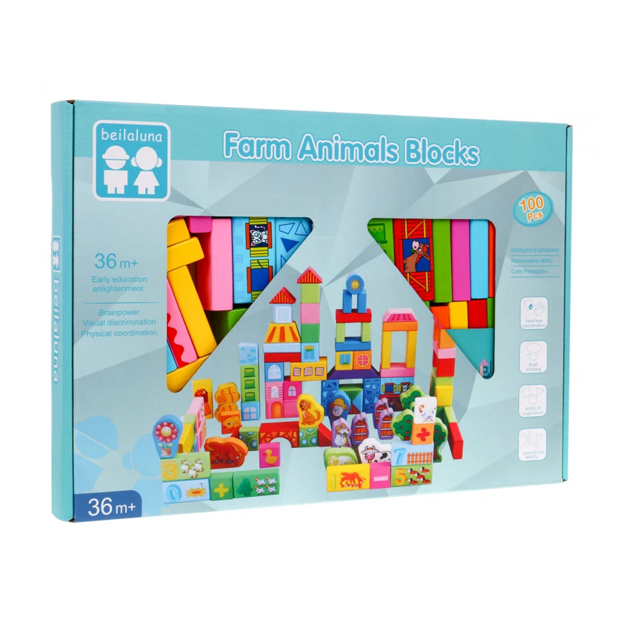Дерев'яний конструктор Shantou Jinxing Farm Animals Blocks, від 3 років, 100 деталей (C9442)